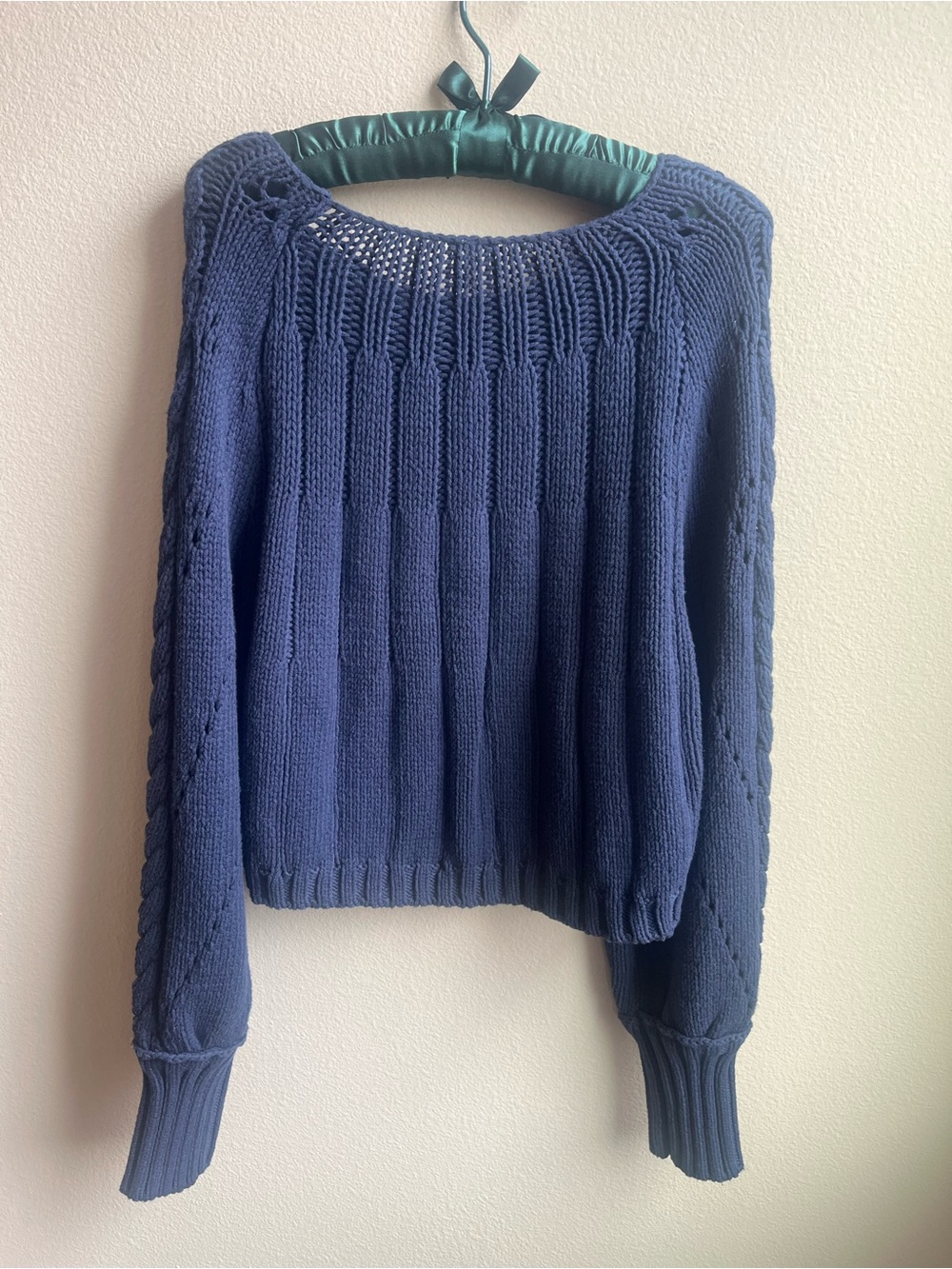 Free People Navy Pointelle and Cable Knit Sweater with Blouson Sleeves - Picture 9 of 13